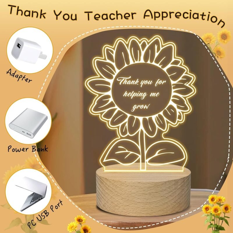 Teacher Appreciation Gifts Night Light - Thank You Graduation Gifts for Teacher Women Men Mentor Tutor Back to School Retirement Gift for Teachers Day Sunflower Acrylic Light - Image 7
