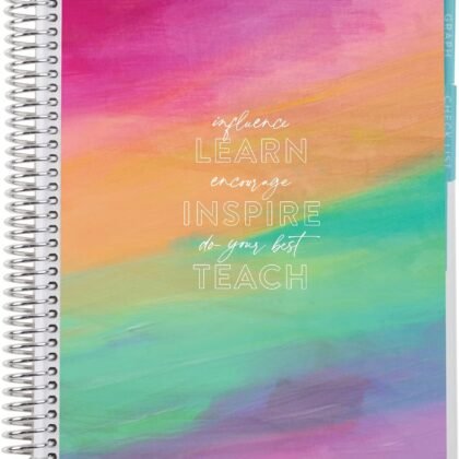 Erin Condren Spiral Teacher Record Book 7" x 9" Platinum-Coiled Notebook with 160 Pages, Colorful Tabbed Sections, Sturdy Laminated Cover, Designed for Tracking Grades, Learn, Teach, Inspire