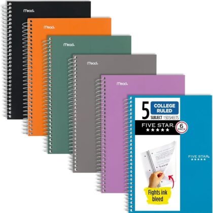 Five Star Spiral Notebooks, 6 Pack, 5 Subject, College Ruled, 9 1/2" x 6", 150 Sheets, Amethyst Purple, Sedona Orange, Seaglass Green, Tidewater Blue, Gray and Black (840030A-ECM)
