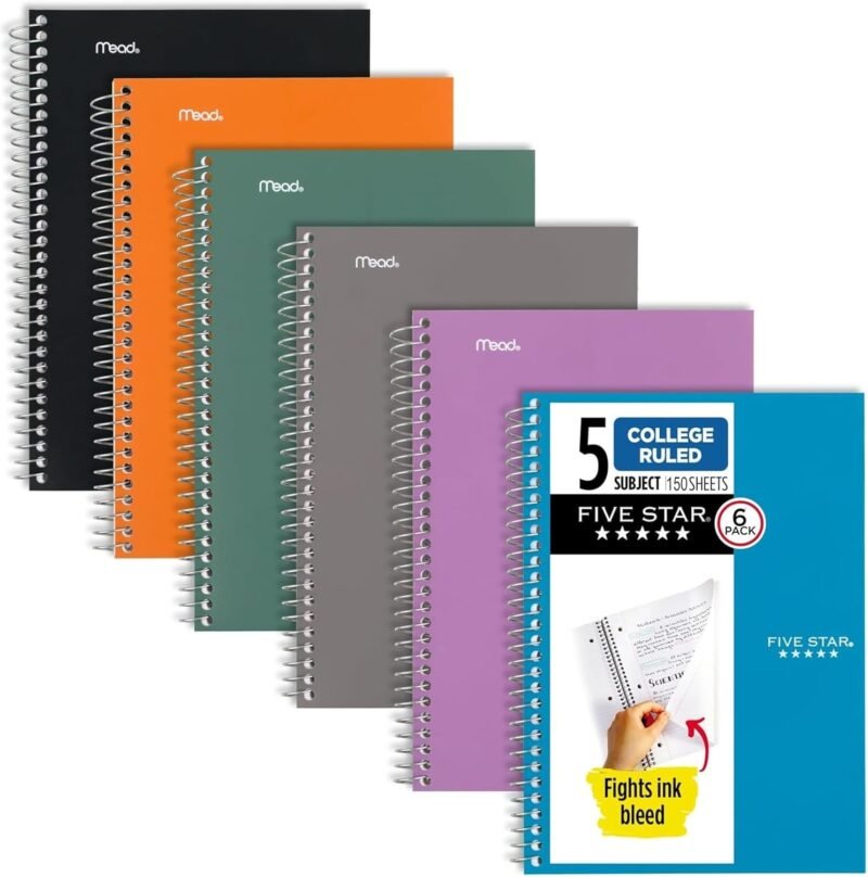 Five Star Spiral Notebooks, 6 Pack, 5 Subject, College Ruled, 9 1/2" x 6", 150 Sheets, Amethyst Purple, Sedona Orange, Seaglass Green, Tidewater Blue, Gray and Black (840030A-ECM)