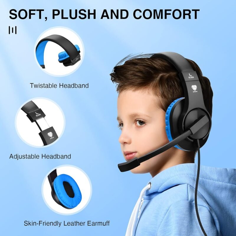 Kids Headphones for Online School, Children, Teens, Boys, Girls, 3.5mm Stereo Over-Ear Gaming Headphone with Microphone and Volume Control for PS4, PS5, New Xbox One（Blue） - Image 3