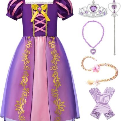 ReliBeauty Girls Dress Puff Sleeve Princess Costume, 4T-4, Purple(with Accessories)