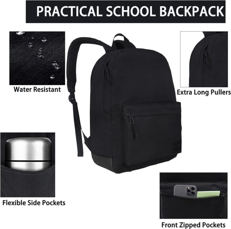 SUPACOOL Casual Laptop Backpack for Men and Women, School Backpack for Boys and Girls, College Bookbag, USB Charging Port, Lightweight Back Pack(Black) - Image 4
