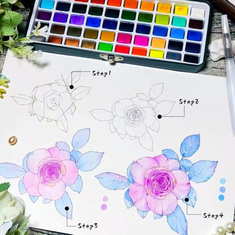 Artecho Watercolor Paint Set 100 Colors with Metallic in Portable Box, Paint Kit with Watercolor Papers and Brushes, Water Color Set for Beginners & Professionals - Image 4