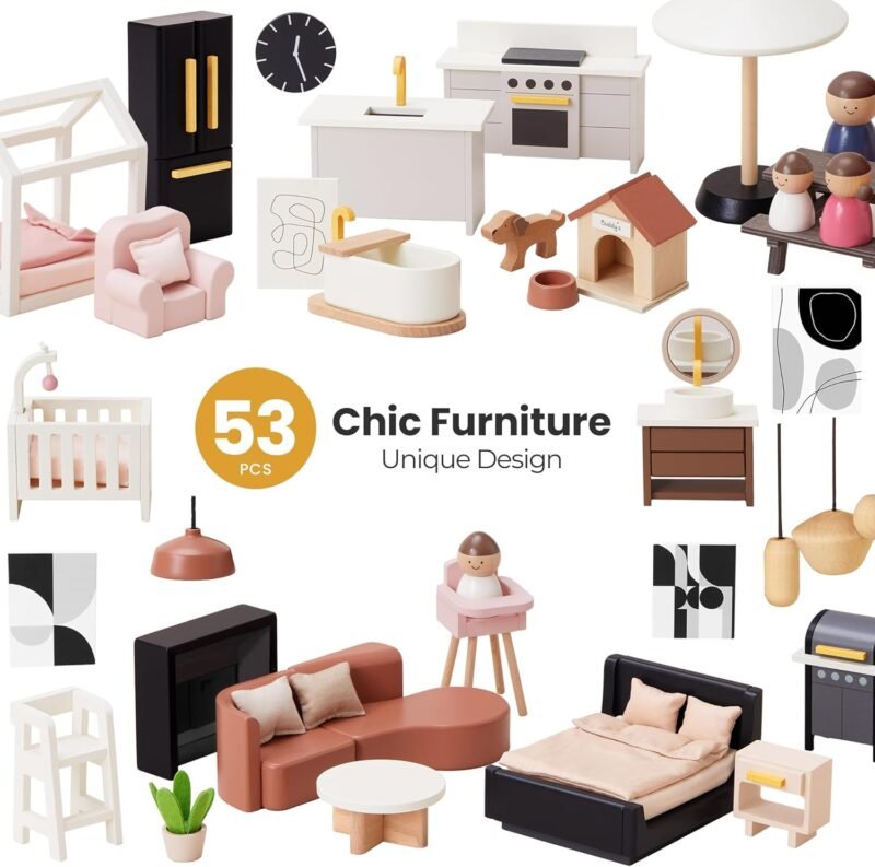 Tiny Land Doll House, Modern Family Dollhouse with Realistic Design, Wooden Dollhouse with 53Pcs Furniture - Ideal Gift for Kids Ages 3+ - Image 5