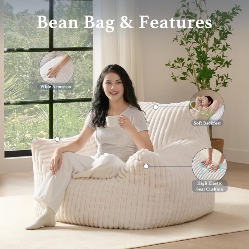 Giant Plush Bean Bag Chair for Adults with Armrests - Oversized Comfy Beige Beanbag Lounge Lazy Floor Sofa Accent Chair for Living Room, Bedroom & Dorm, Cozy Fluffy Single Cloud Mini Couch - Image 4