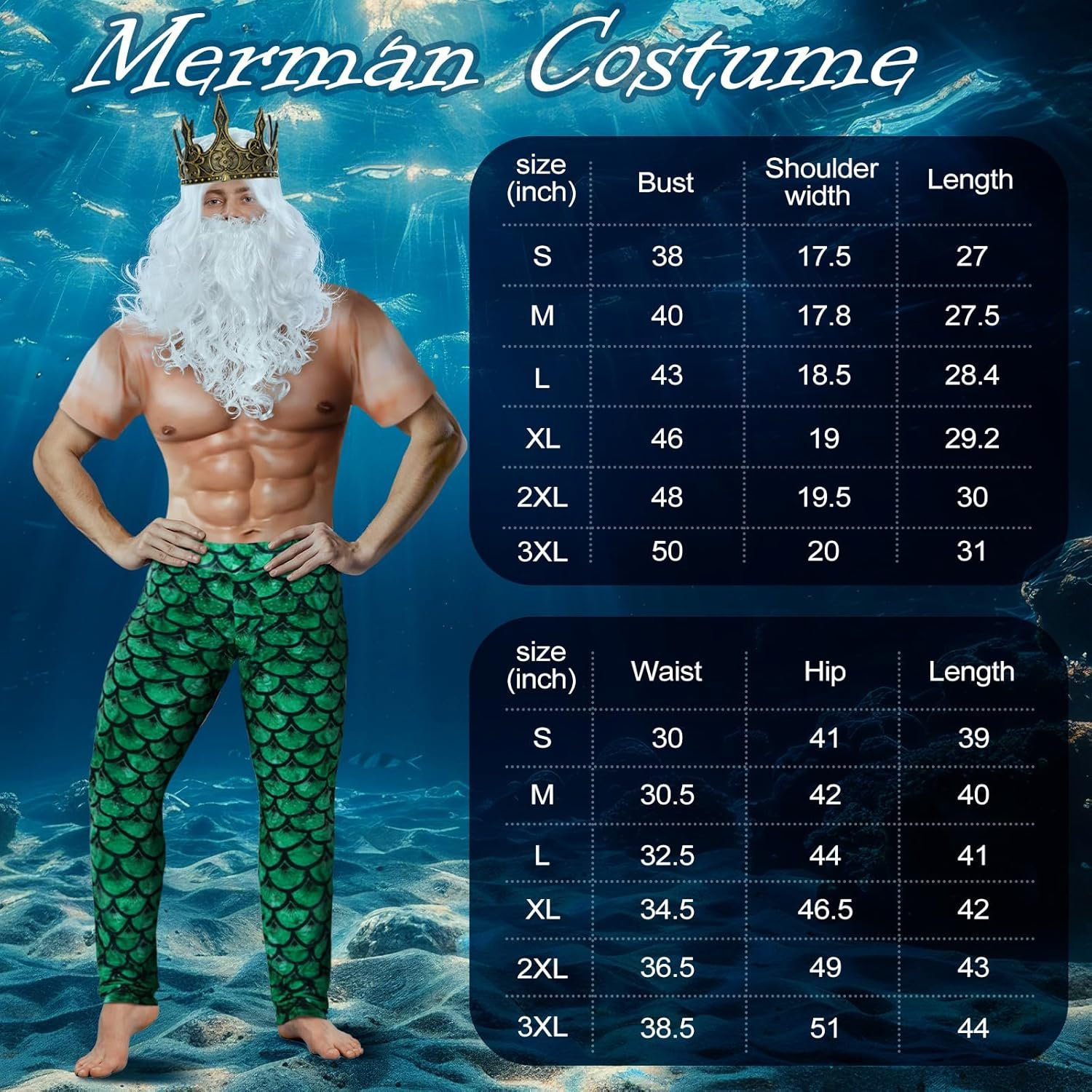 4 Pcs Halloween Poseidon Costumes Deluxe Merman Kit Neptune God of Sea Cosplay for Men - Image 2