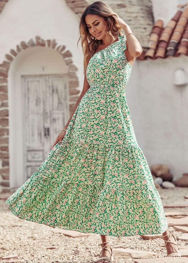 PRETTYGARDEN Women's Summer Floral One Shoulder Maxi Dress Knot Ruffle Boho Beach Vacation Wedding Guest Long Dresses - Image 5