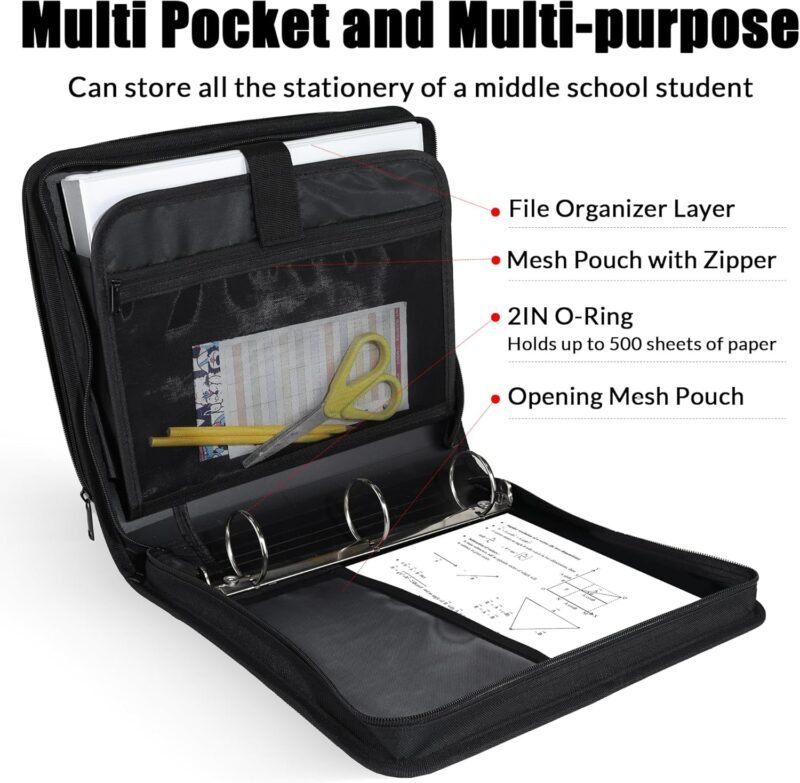 SUNEE Zippered Binder Bag with Handle, 2-Inch 3-Ring O-Ring, 500-Sheet Capacity, Includes Zip Pocket, 5-Tab Expanding File Folder, Multi-Pocket Organizer Binder Suitable for Middle School, Black - Image 3