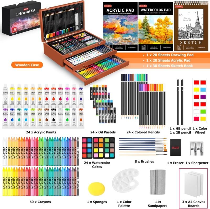 Soucolor Arts and Crafts for Kids Ages 8-12, 192-Pack Deluxe Art Set Coloring Drawing Painting Supplies Art Kit with Acrylic Pad, Watercolor Pad, Sketch Book, Canvases, Acrylic Paint, Crayons, Pencils - Image 2