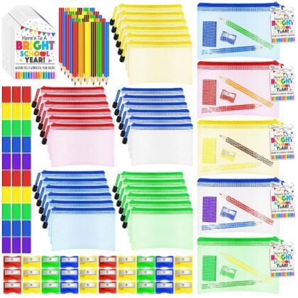 151 Pcs Back to School Gift Include 30 Colorful Pencils 30 Eraser 30 Mesh Zipper Pouch Bags and 30 Pencil Sharpener 30 Sheets Cards Set with Ribbon Stationery Favors for Classroom Exchange Gift