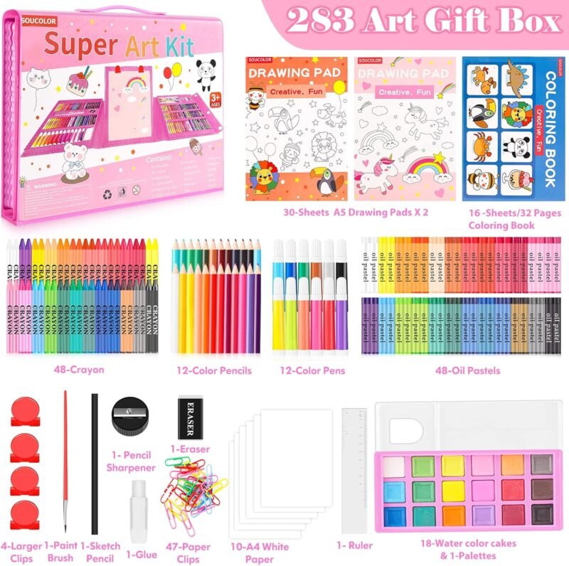 Soucolor Easter Gifts for Kids Teens Girls Boys Ages 4, 6, 8, 10, 12, 283 Pieces Drawing Set Art Kits with Trifold Easel, 2 Drawing Pads, 1 Kids Activity Coloring Book, Crayons, Pastels, Watercolor - Image 2