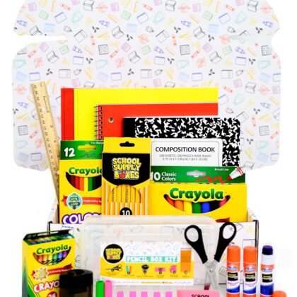Back to School Supply Box Grades K-5 - School Supply Boxes - 32 Piece School Supplies Kit Includes Markers, Crayons, Pencils, Scissors, Folders, Glue Sticks, Notebook, and Composition Book
