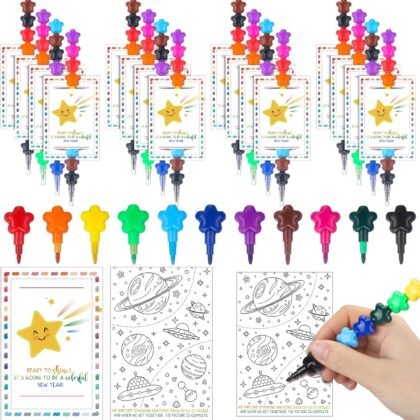 24 Sets Back to School Gifts for Students from Teacher 11 Colors Star Stacking Crayons with Double Sided Coloring Postcard Student Gifts Bulk for Classroom First Day of School Party Favors