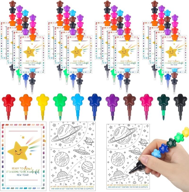24 Sets Back to School Gifts for Students from Teacher 11 Colors Star Stacking Crayons with Double Sided Coloring Postcard Student Gifts Bulk for Classroom First Day of School Party Favors