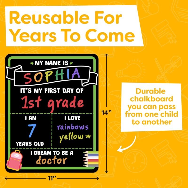 My First Day of School Sign Board with Liquid Chalk Markers - 14”x11” Double-Sided & Reusable - First and Last Day - Back to School Board for Kindergarten, Preschool - Image 5