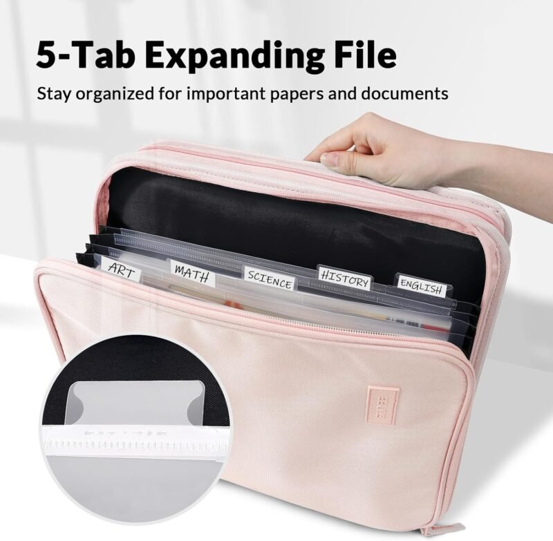 SUNEE Zippered Binder Bag with Handle, 2-Inch 3-Ring O-Ring, 500-Sheet Capacity, Includes Zip Pocket, 5-Tab Expanding File Folder, Multi-Pocket Organizer Binder for Middle School, Pink Lotus - Image 2