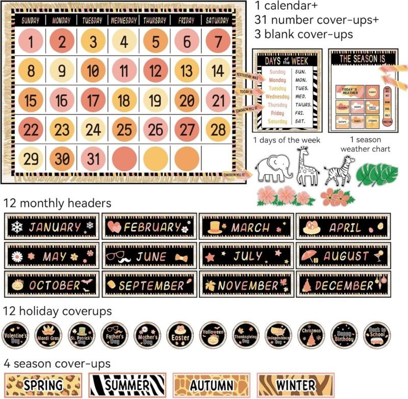 Safari Jungle Animal Calendar Bulletin Board Set Simply CTP Bulletin Board Calendar Seasons Weather Chart Animal Classroom Decoration with Season, Weather and Days of the Week Chart Back to School - Image 2