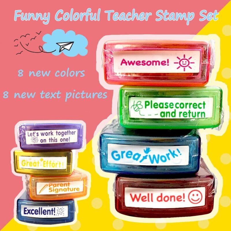 Teacher Stamps for Grading Classroom,Parent Signature Self-Inking Teacher Stamp Set School Supplies Stamps for Homework Reward with 8 pcs Classroom Supplies for School Elementary(Rainbow) - Image 2