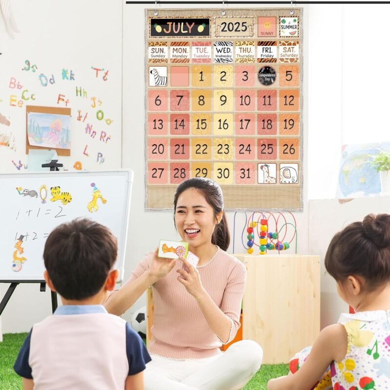 Classroom Calendar Pocket Chart Set Calendar Bulletin Board Set Seasons Festival Weather Pocket Chart for Classroom Decoration Back to School Supplies(Boho Safari) - Image 7