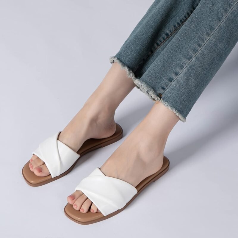 Athlefit Women's Summer Flat Sandals Slip On Square Toe Soft Leather Slide Sandals - Image 6