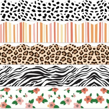 69Ft Safari Bulletin Board Borders Wildflower Leopard Zebra Print Decoration Borders Trim Border Boho Bulletin Board Sticker for School Classroom Office Decor, Each 13.8In