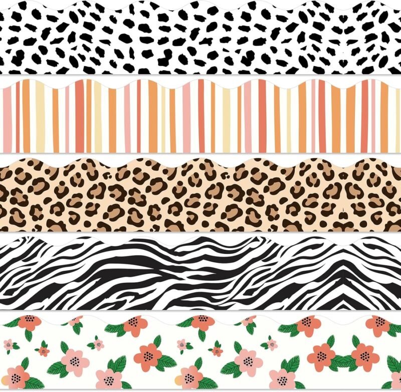 69Ft Safari Bulletin Board Borders Wildflower Leopard Zebra Print Decoration Borders Trim Border Boho Bulletin Board Sticker for School Classroom Office Decor, Each 13.8In