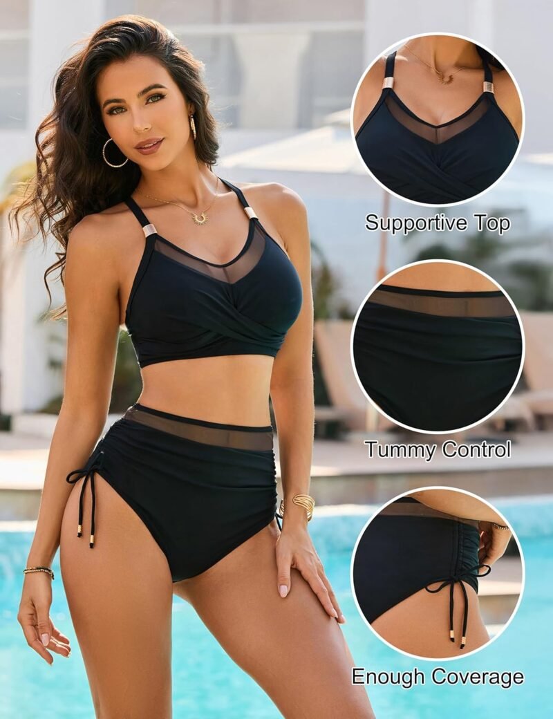 Blooming Jelly Women High Waisted Bikini Sets Tummy Control Swimsuits Modest Mesh Metal Crisscross Back Bathing Suit - Image 2