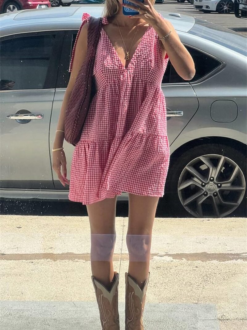 Women Y2k Plaid Short Dress Sleeveless Tie Shoulder Backless Flowy Babydoll Gingham Mini Dress Casual Cute Streetwear - Image 2
