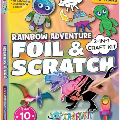 Craftikit ® Rainbow Adventure Foil Art & Scratch Art for Kids- 2-in-1 Arts and Crafts Kit for Kids Ages 4-10 - Rainbow Crafts for Boys Ages 4, 5, 6, 7, 8, 9, 10