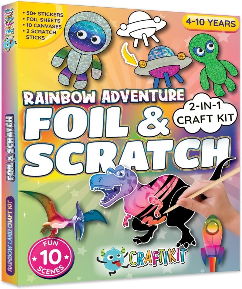 Craftikit ® Rainbow Adventure Foil Art & Scratch Art for Kids- 2-in-1 Arts and Crafts Kit for Kids Ages 4-10 - Rainbow Crafts for Boys Ages 4, 5, 6, 7, 8, 9, 10