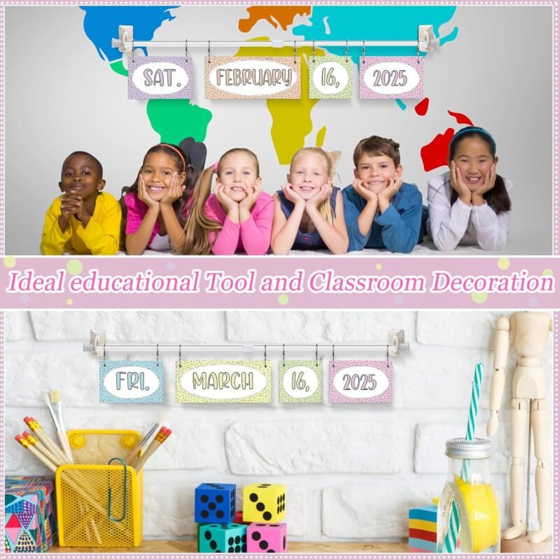TecUnite Pastel Calendar Bulletin Board Set Girl Style Classroom Bulletin Board Decor 54 Date Cards Colorful Pastel Flip Calendar with Adjustable Holder for Back to School Supplies, Years 2025-2028 - Image 3
