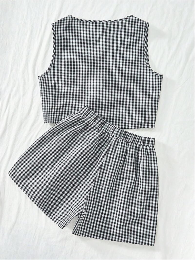 SOLY HUX Women's Summer 2 Piece Outfits Plaid Print Sleeveless Tie Front Tank Top Vest Shorts Beach Vacation Set - Image 2