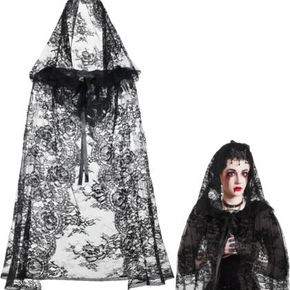 Witch Black Hooded Cloak for Women Gothic Short Sheer Cape Vampire Cloak for Halloween Cosplay Costume