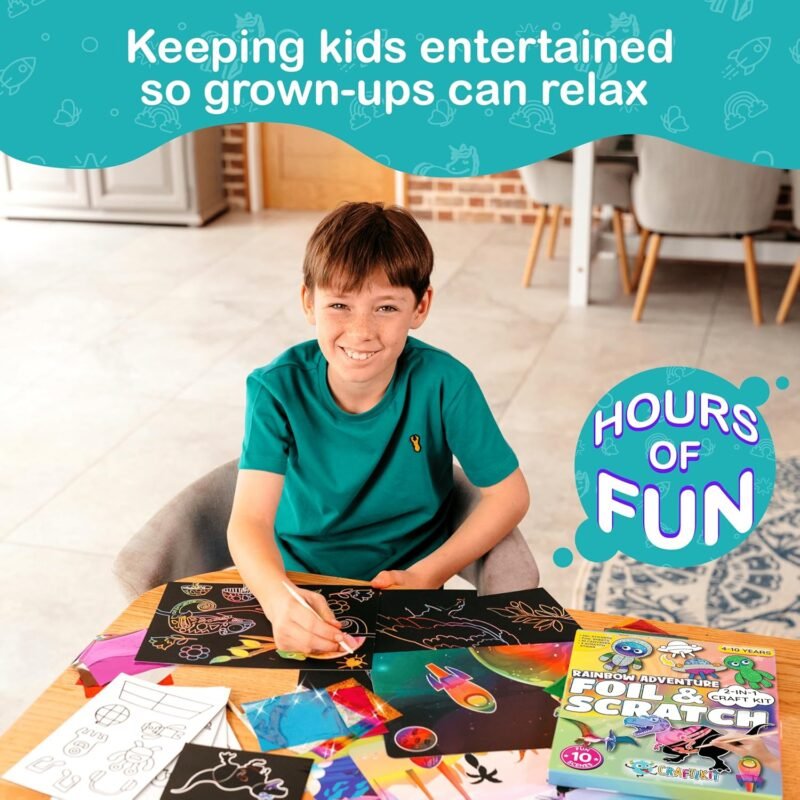 Craftikit ® Rainbow Adventure Foil Art & Scratch Art for Kids- 2-in-1 Arts and Crafts Kit for Kids Ages 4-10 - Rainbow Crafts for Boys Ages 4, 5, 6, 7, 8, 9, 10 - Image 5