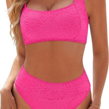 Blooming Jelly Womens High Waisted Bikini Set Tie Strap Jacquard Terry Cloth 2 Piece Swimsuit Modest Cute Retro Bathing Suit