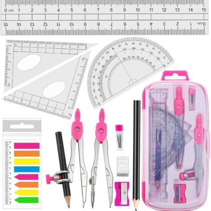 Maths Compasses Full Starter Geometry Kit with 2 Drafting Compasses Protractor 2 Set Squares Ruler Pencil and More for Students Maths Study Homework etc. Pink