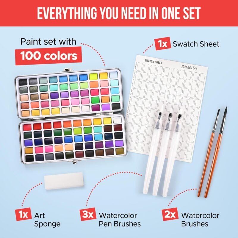 Watercolor Paint Set with 100 Bright Colors: for Adult Beginners & Professional with Metallic - Travel Sized Water Color Art Kit Palette - Image 4