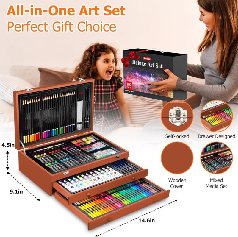 Soucolor Arts and Crafts for Kids Ages 8-12, 192-Pack Deluxe Art Set Coloring Drawing Painting Supplies Art Kit with Acrylic Pad, Watercolor Pad, Sketch Book, Canvases, Acrylic Paint, Crayons, Pencils - Image 7