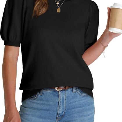 WIHOLL Women's Puff Short Sleeve Sweater 2025 Spring Summer Tops Trendy Business Casual Outfits Work Blouses Clothes