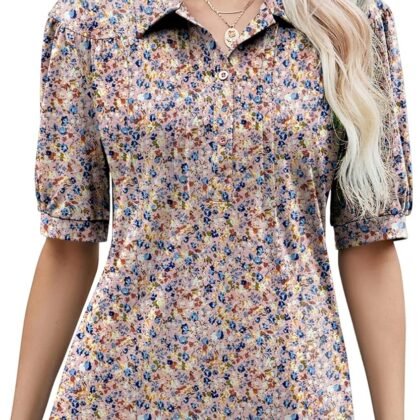 Micoson Womens Blouses Dressy Casual Short Sleeve Button Down Collared Polo Shirt Loose Tunic 2023 Summer Tops