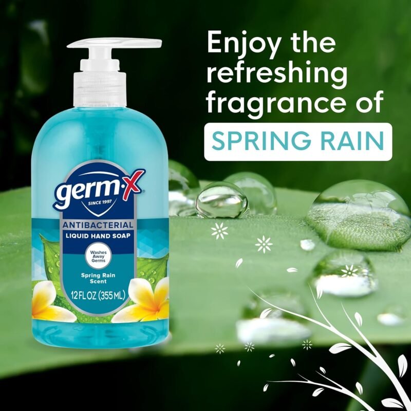 Germ-X Antibacterial Hand Soap, Moisturizing Liquid Hand Wash for Kitchen or Bathroom, pH Balanced & Dermatologist Tested, Back to School Supplies, Spring Rain, 12 oz Pump Bottle (Pack of 4) - Image 4
