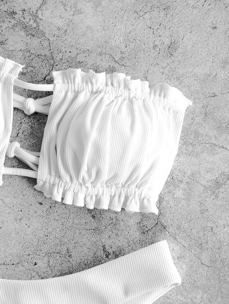 ZAFUL Women 2 Piece Strapless Bikini Swimsuits Ruffle Ribbed Self Tie Bandeau Bikini Set High Cut String Bathing Suits - Image 6