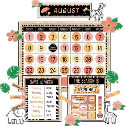 Safari Jungle Animal Calendar Bulletin Board Set Simply CTP Bulletin Board Calendar Seasons Weather Chart Animal Classroom Decoration with Season, Weather and Days of the Week Chart Back to School