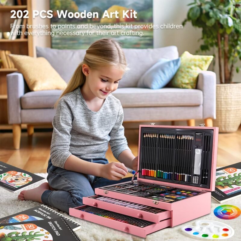 Shuttle Art Deluxe Gift Art Kit, 202-Piece Wooden Art Supplies Set with 4 Drawing Pads, Canvases, Coloring Sheets, Acrylic Paint, Crayons, Oil Pastels, Colored Pencils for Kids - Image 5