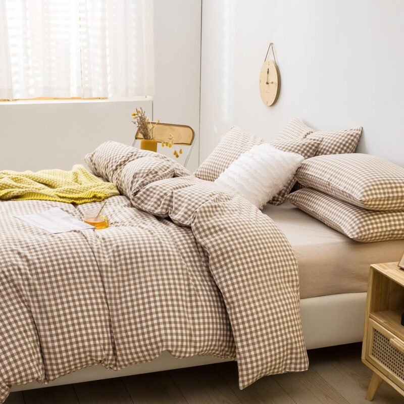 mixinni Tan Gingham Comforter Set Full, Plaid Comforter Set 3 Pieces 1 Beige Grid Comfoter with 2 Pillow Cases for All Seasons, Soft Fluffy Modern Grid Pattern Printed Bedding-Full Size - Image 4
