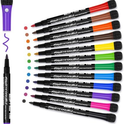 Magnetic Dry Erase Markers Fine: 12 Colors Erasable Whiteboard Markers Fine Point with Eraser Cap, Low Odor White Board Dry Erase Pens Fine Tip for Kids & Teachers, Home, Office and School Supplies