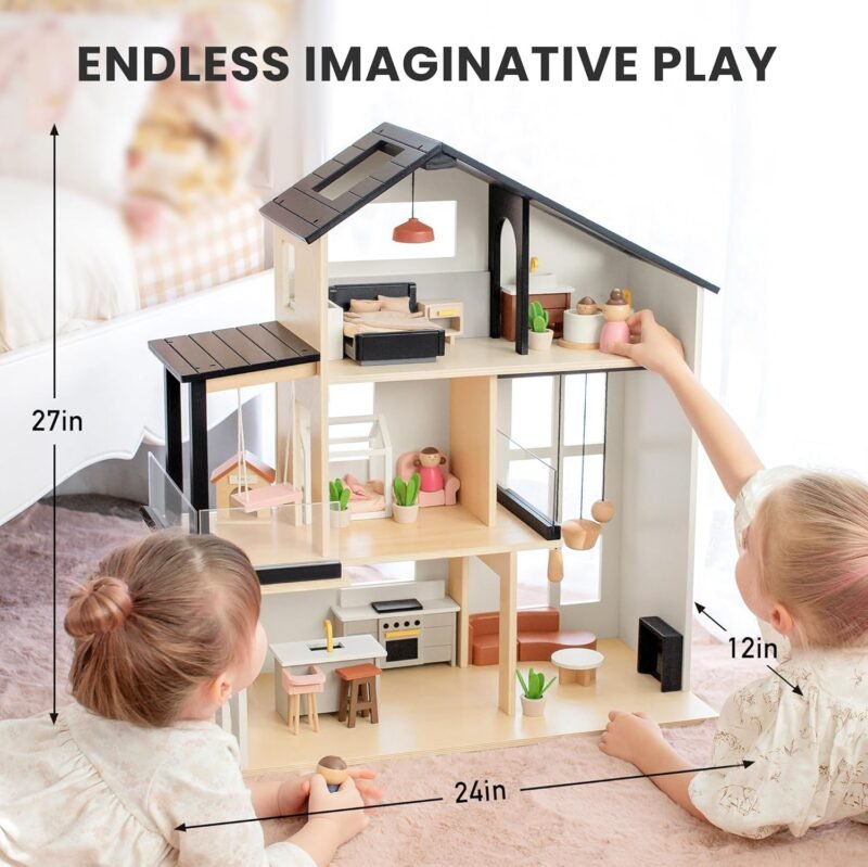 Tiny Land Doll House, Modern Family Dollhouse with Realistic Design, Wooden Dollhouse with 53Pcs Furniture - Ideal Gift for Kids Ages 3+ - Image 6