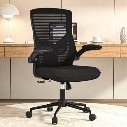 Ergonomic Office Chair for Long Hours & Lower Back Pain Relief – Memory Foam Seat Cushion, Adjustable Padded Lumbar Support, and Padded Flip-up Armrests, Ideal for Office or Study, Black
