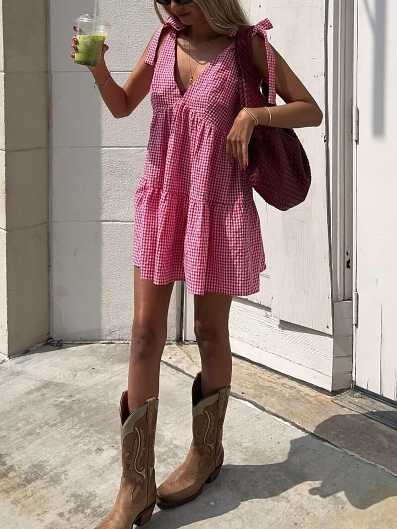 Women Y2k Plaid Short Dress Sleeveless Tie Shoulder Backless Flowy Babydoll Gingham Mini Dress Casual Cute Streetwear - Image 3
